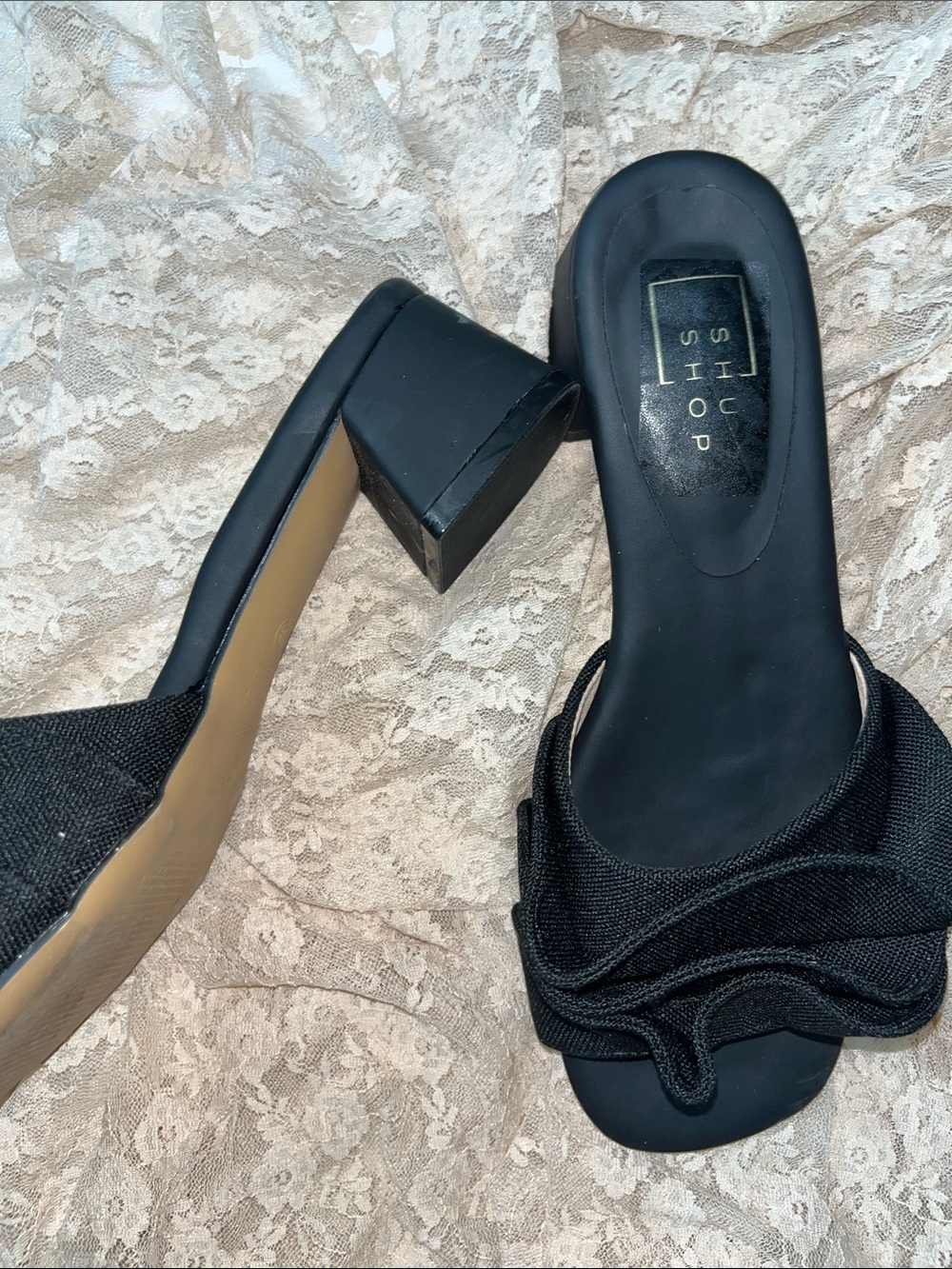 ShuShop Black Ruffle Slide Mules - Picture 3 of 5